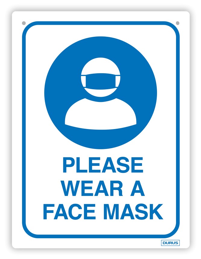 SIGN DURUS 225MMX300MM WALL PLEASE WEAR A FACE MASK PP BLUE AND WHITE