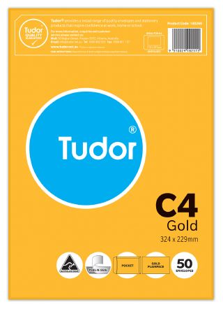 Envelope C4 Tudor Gold Kraft Cello Wrapped Peel N Seal 140260/118257 Pack 50