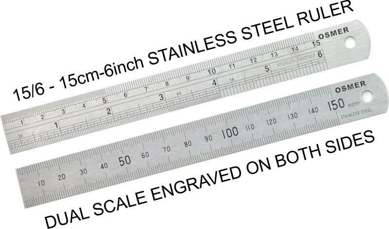 Ruler Stainless Steel 15cm 6 Inch Osmer Metric Imperial 156