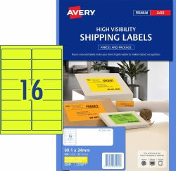 LABEL AVERY L7162FY SHIPPING HI VIS FLUORO YELLOW 16UP 25 SHTS