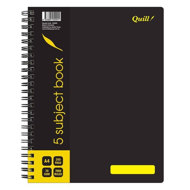 NOTEBOOK QUILL A4 70GSM PP 5 SUBJECT BLACK 250PG