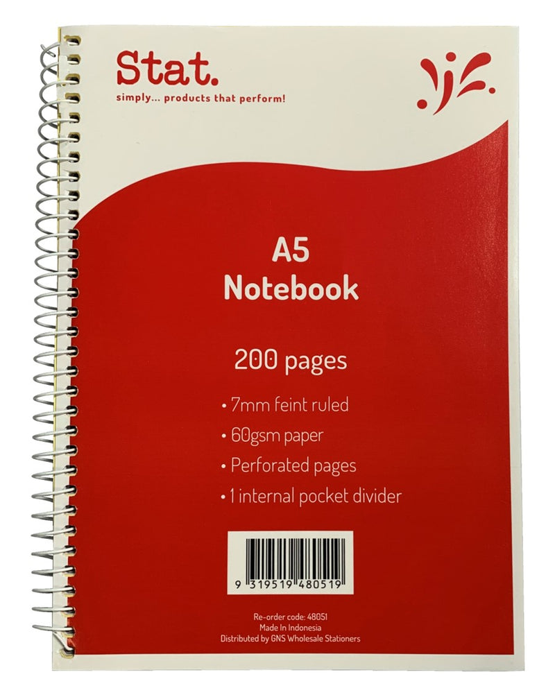 NOTEBOOK STAT A5 60GSM 7MM RULING BOARD COVER RED 200PG-PK5