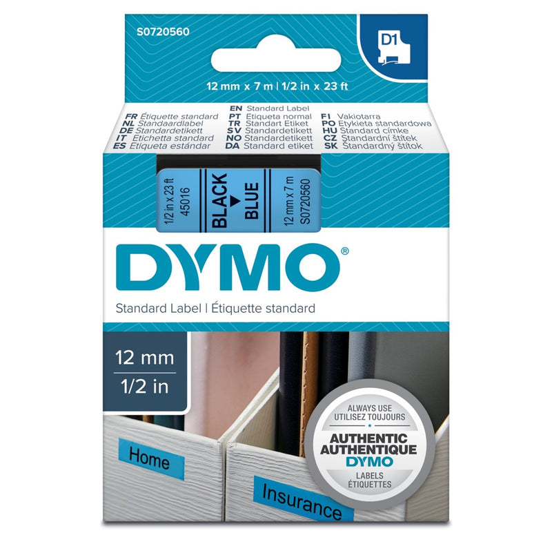 LABEL TAPE DYMO D1 12MMX7M BLACK ON BLUE