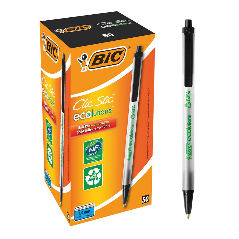 PEN BIC BP ECOLUTIONS CLIC 1.0MM MEDIUM POINT BLACK PG BX50