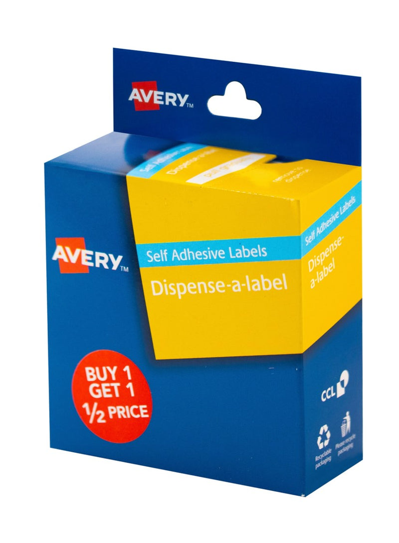 LABEL AVERY 24MM BUY 1 GET 1 1/2 PRICE DISPENSER LABEL RED & WHITE PK300